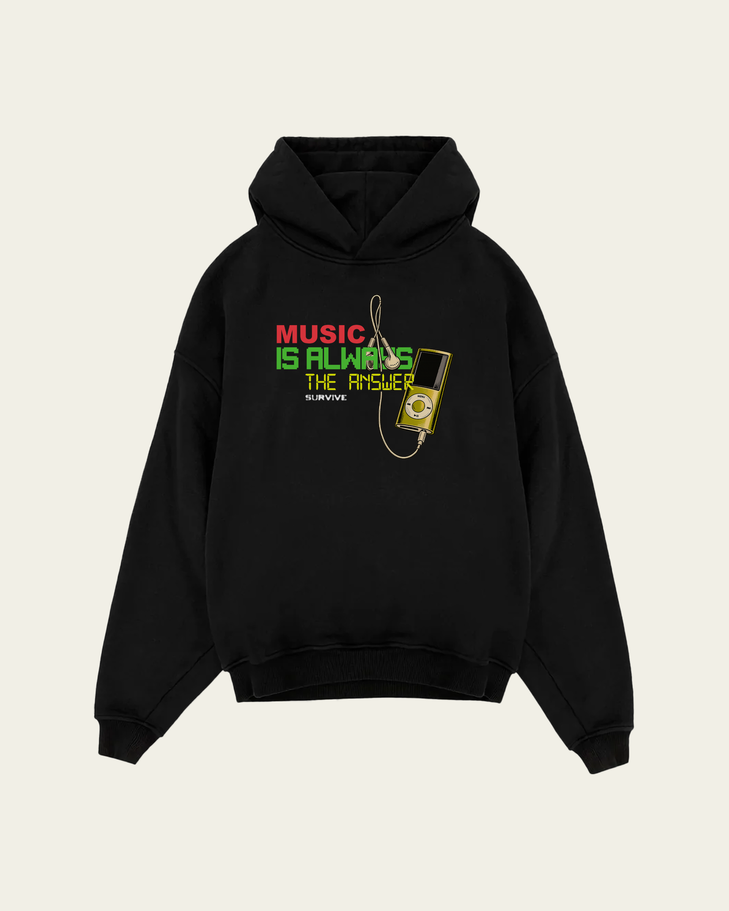 HOODIE PRETA OVERSIZED MUSIC DOESN'T BREAK MY HEART